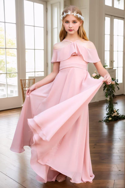 Chiffon Junior Bridesmaid Dresses Halter Floor Length Flower Girl Dresses for Wedding