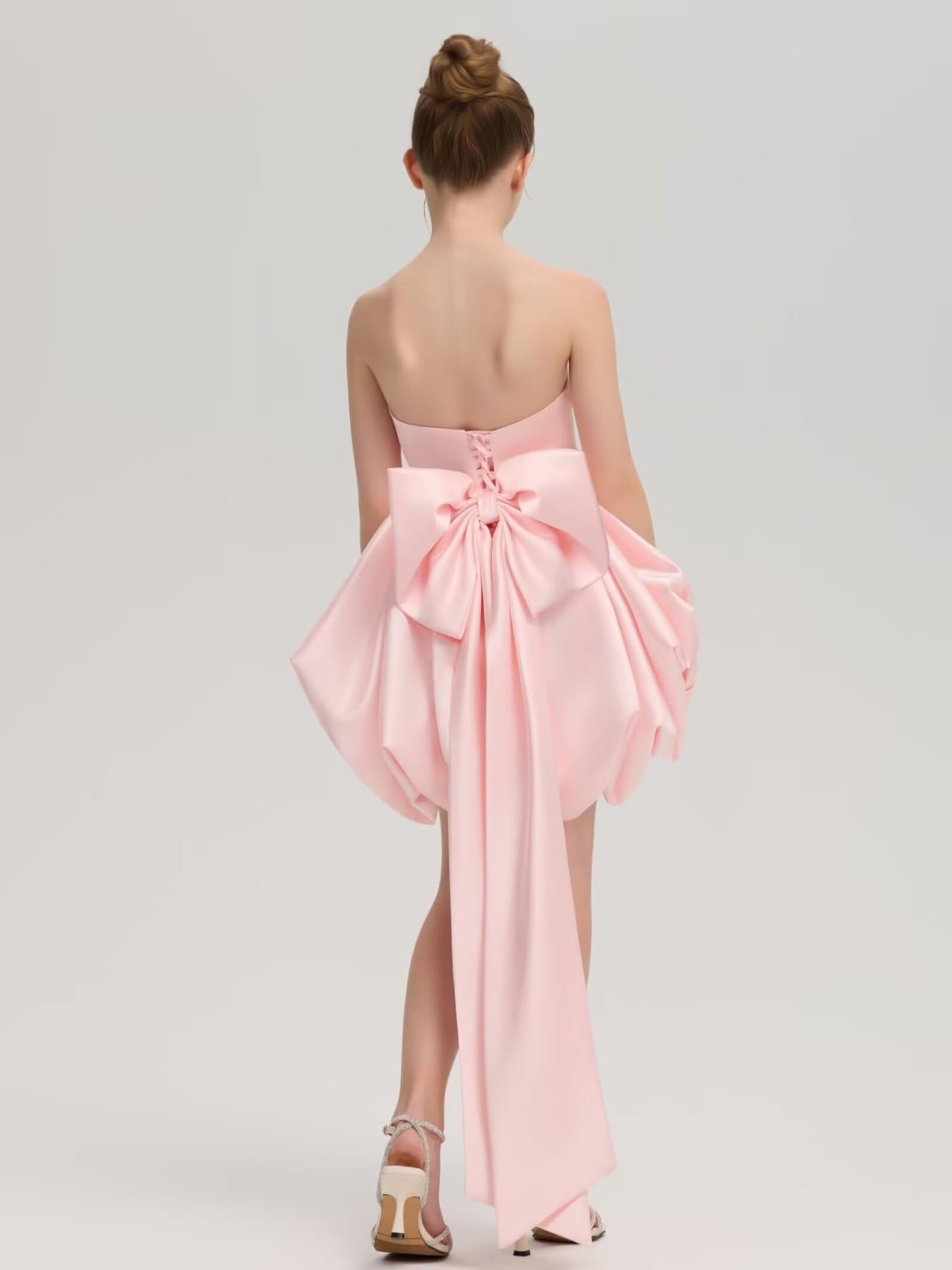 Girls' Satin Strapless Party Dress with Large Bow and Train Wedding Guest Formal Evening Party Dress 2-14