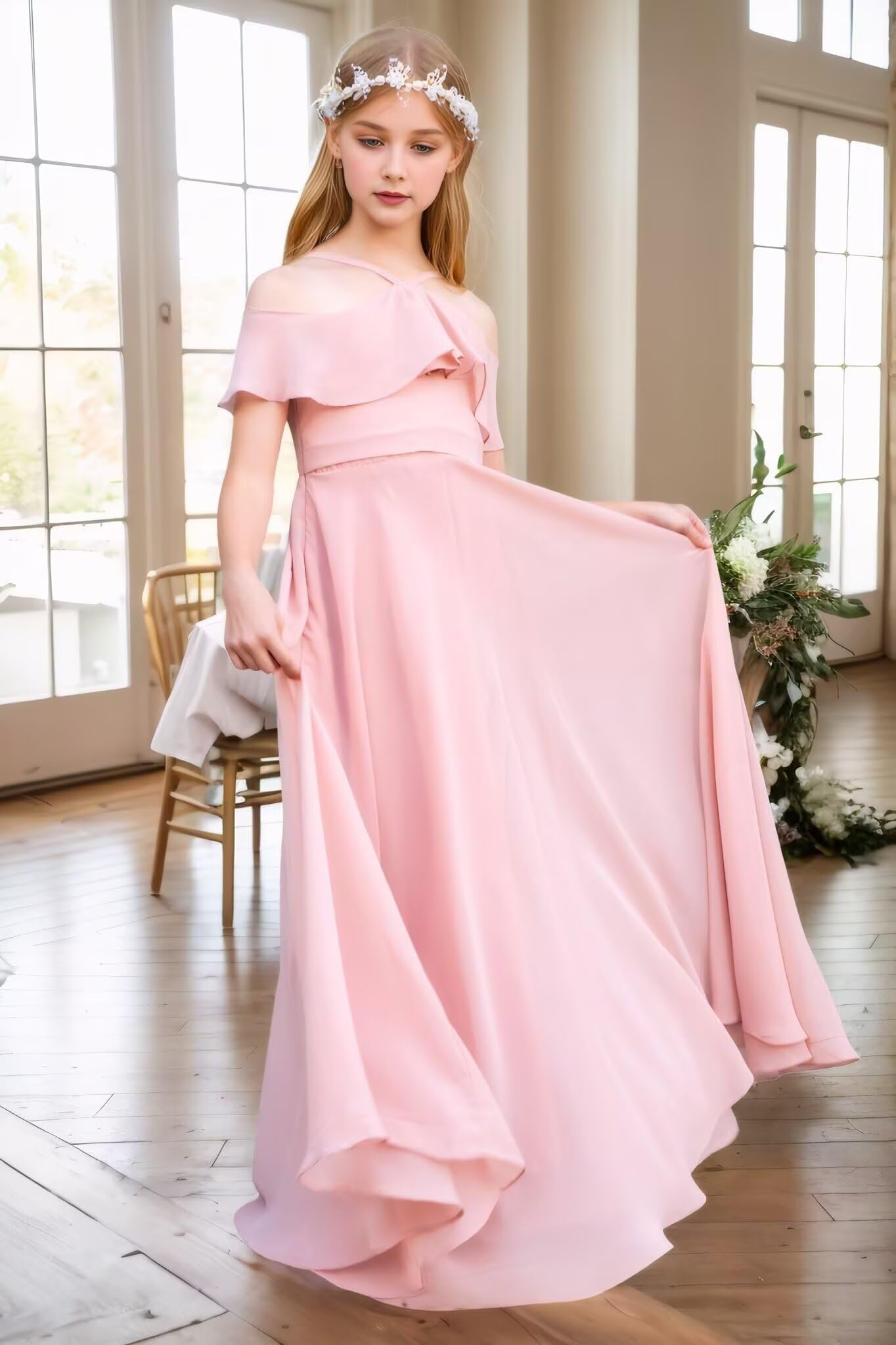 Chiffon Junior Bridesmaid Dresses Halter Floor Length Flower Girl Dresses for Wedding