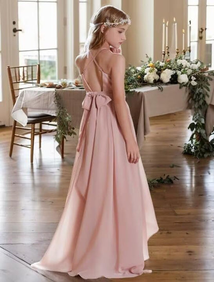 Junior Bridesmaid Dresses Chiffon Halter Floor Length Flower Girl Dresses for Wedding