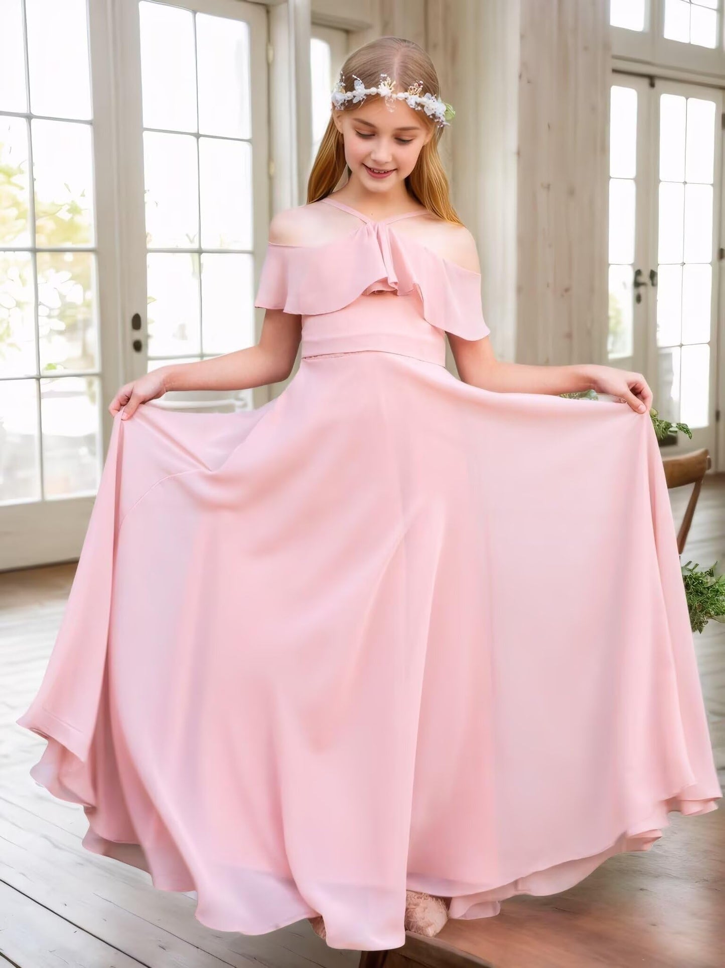 Chiffon Junior Bridesmaid Dresses Halter Floor Length Flower Girl Dresses for Wedding