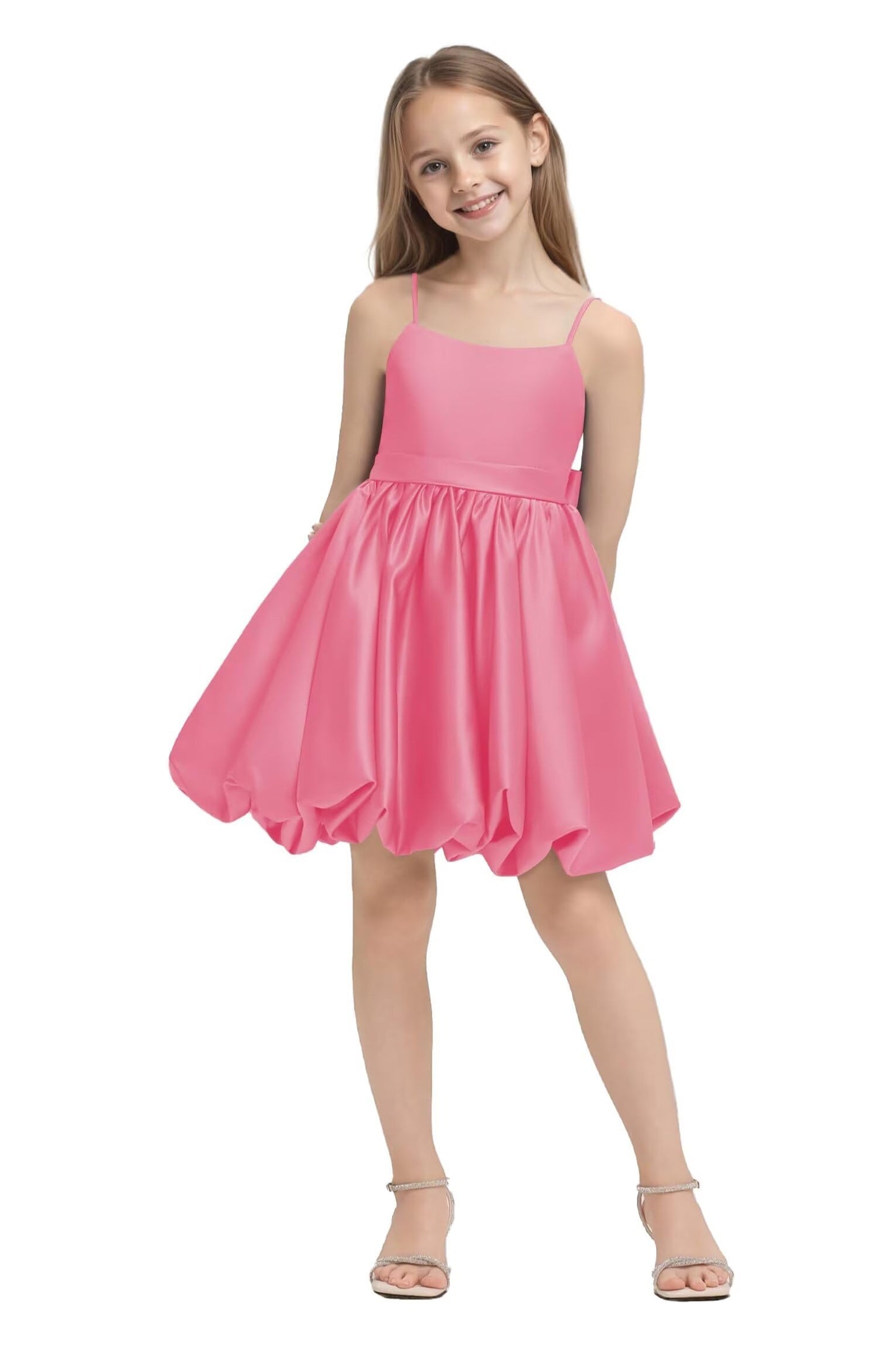 Girls' Satin Bubble Hem Dress Spaghetti Strap Party Wedding Flower Girl Outfit 2-14