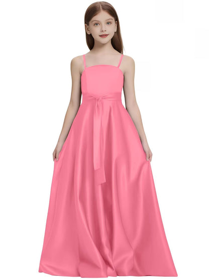 Satin Junior Bridesmaid Dress with Pockets Spaghetti Straps Bow Belt Flower Girl Dresses for Wedding