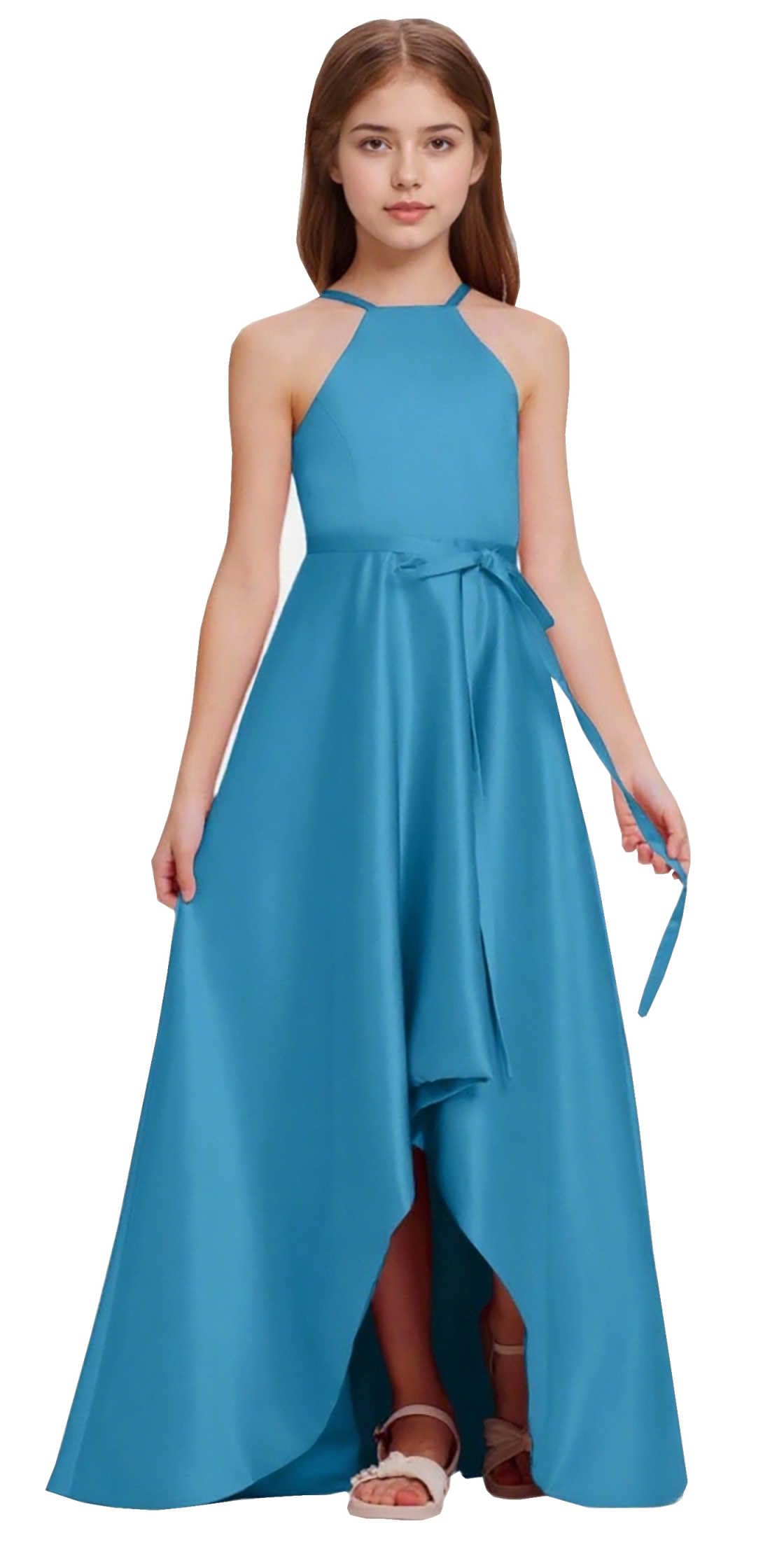 Satin Junior Bridesmaid Teens Halter Neck Flower Girl Dress Hi-Low Skirt Bow Belt Princess Pageant Formal Gown