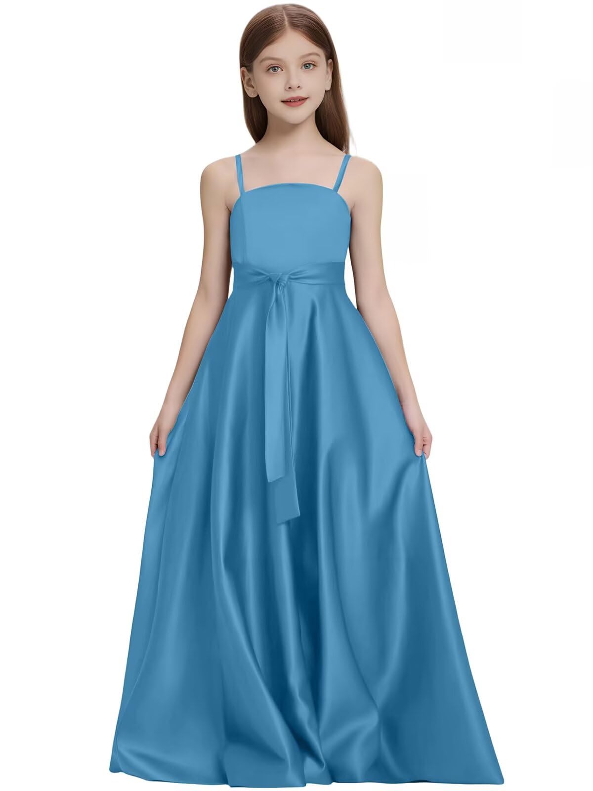 Satin Junior Bridesmaid Dress with Pockets Spaghetti Straps Bow Belt Flower Girl Dresses for Wedding