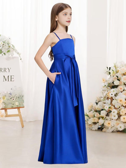 Satin Junior Bridesmaid Dress with Pockets Spaghetti Straps Bow Belt Flower Girl Dresses for Wedding