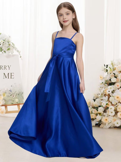 Satin Junior Bridesmaid Dress with Pockets Spaghetti Straps Bow Belt Flower Girl Dresses for Wedding