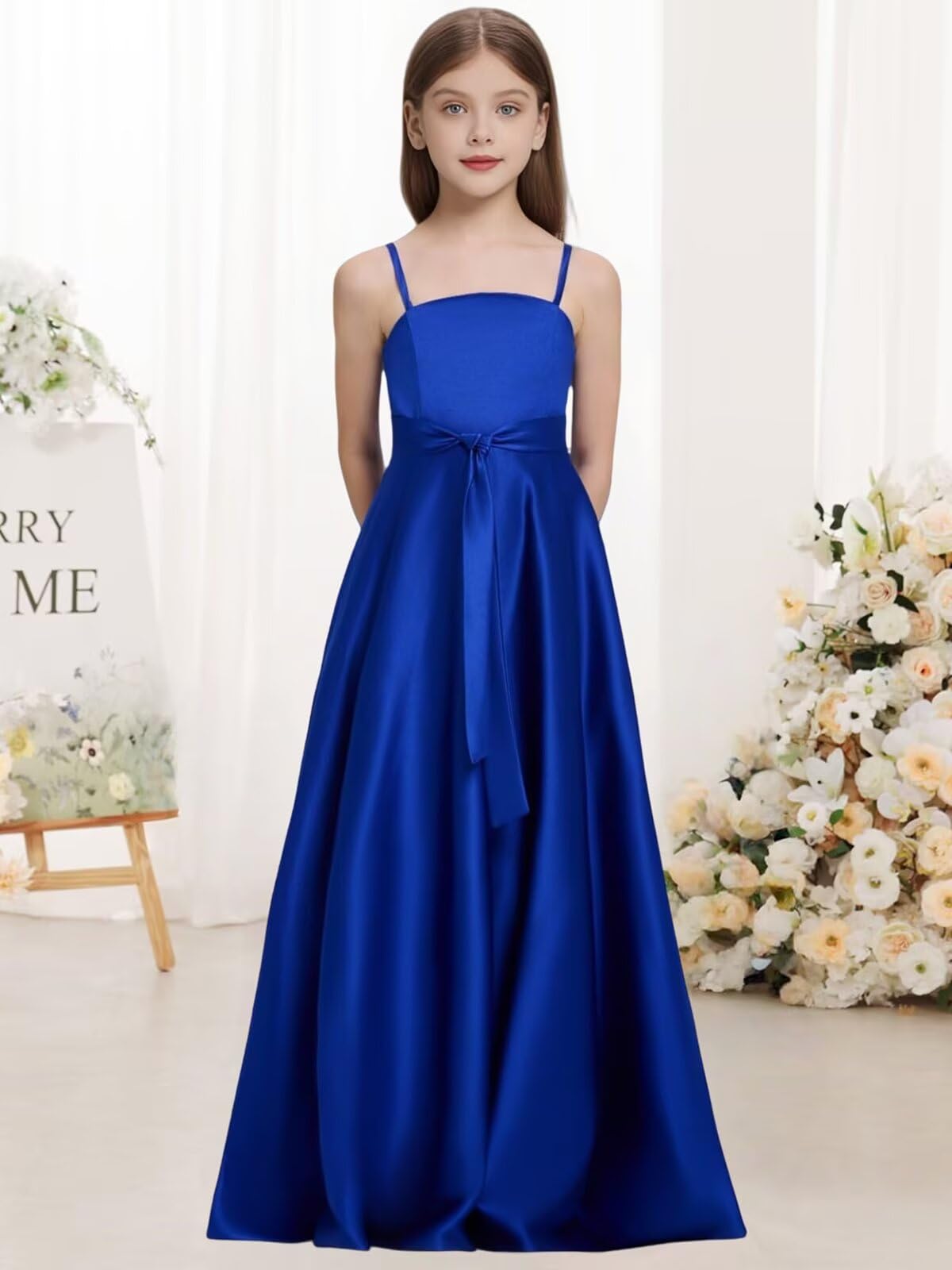 Satin Junior Bridesmaid Dress with Pockets Spaghetti Straps Bow Belt Flower Girl Dresses for Wedding