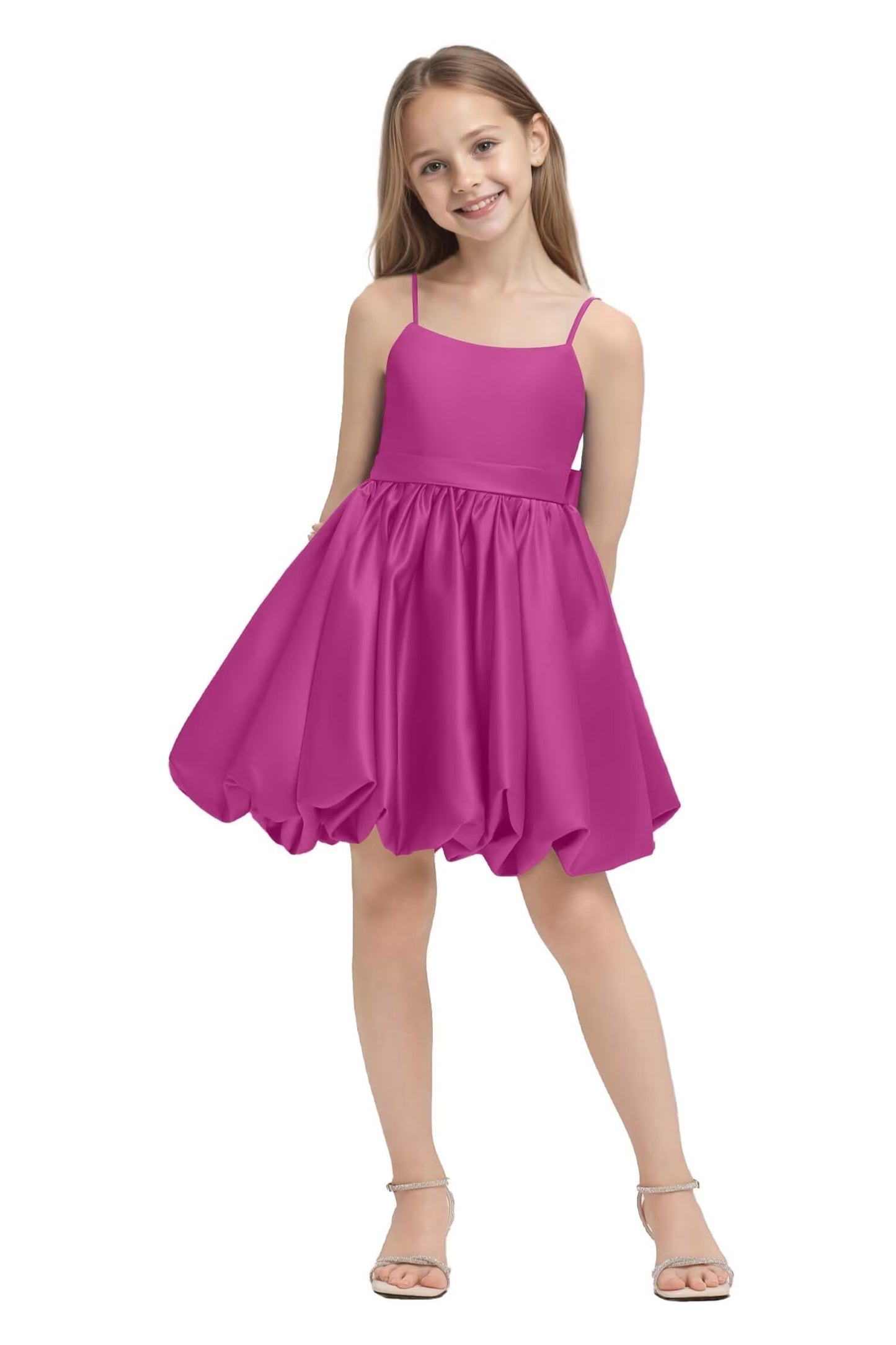 Girls' Satin Bubble Hem Dress Spaghetti Strap Party Wedding Flower Girl Outfit 2-14