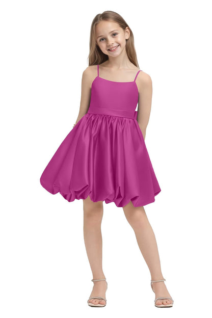 Girls' Satin Bubble Hem Dress Spaghetti Strap Party Wedding Flower Girl Outfit 2-14
