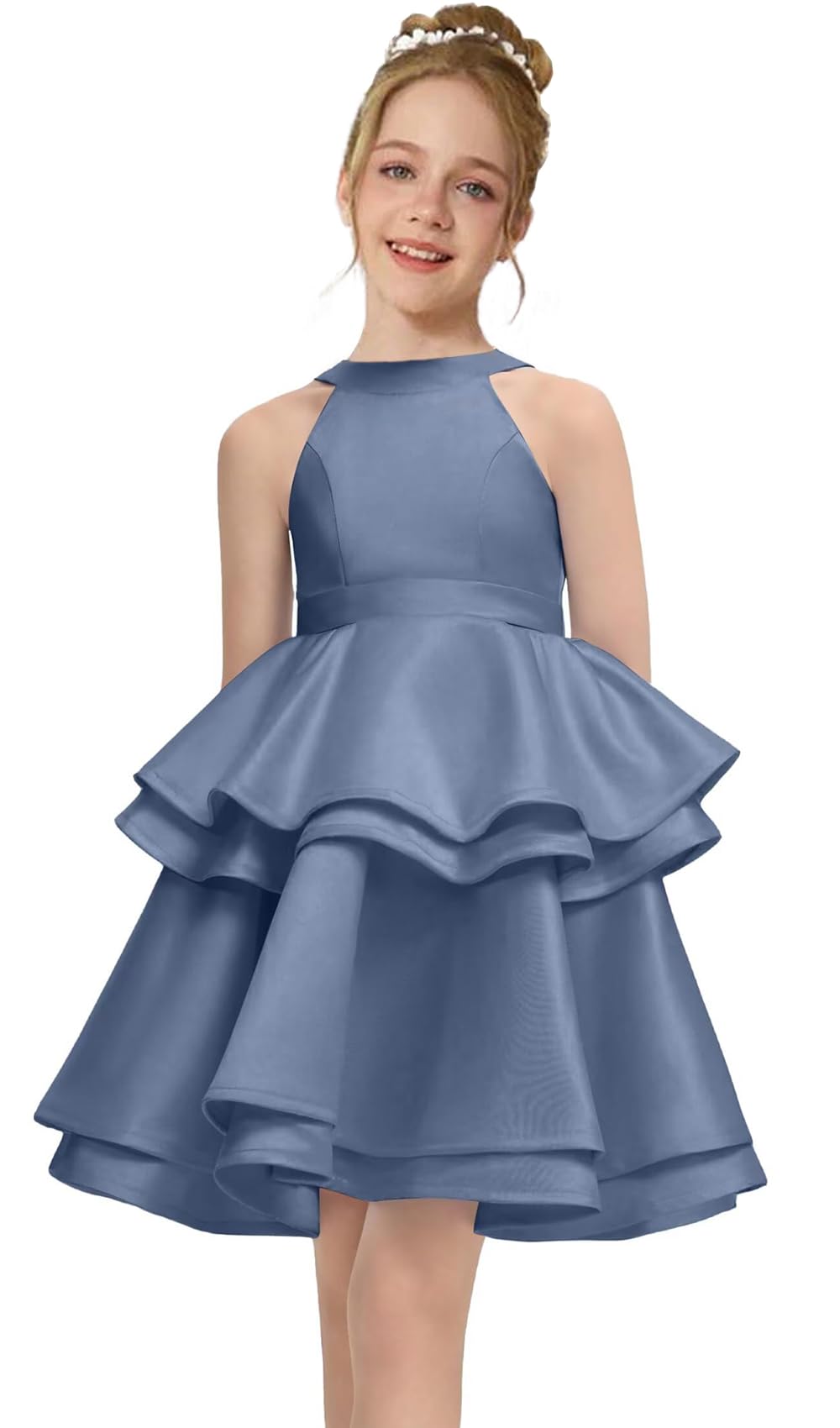 Satin Flower Girl Dress Layers Pageant Dresses Short Party Formal Ball Gown for Girls UJR086