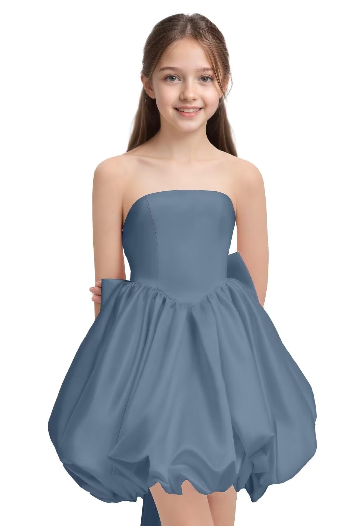 Girls' Satin Strapless Party Dress with Large Bow and Train Wedding Guest Formal Evening Party Dress 2-14