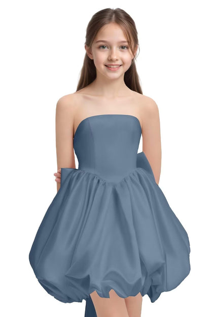 Girls' Satin Strapless Party Dress with Large Bow and Train Wedding Guest Formal Evening Party Dress 2-14
